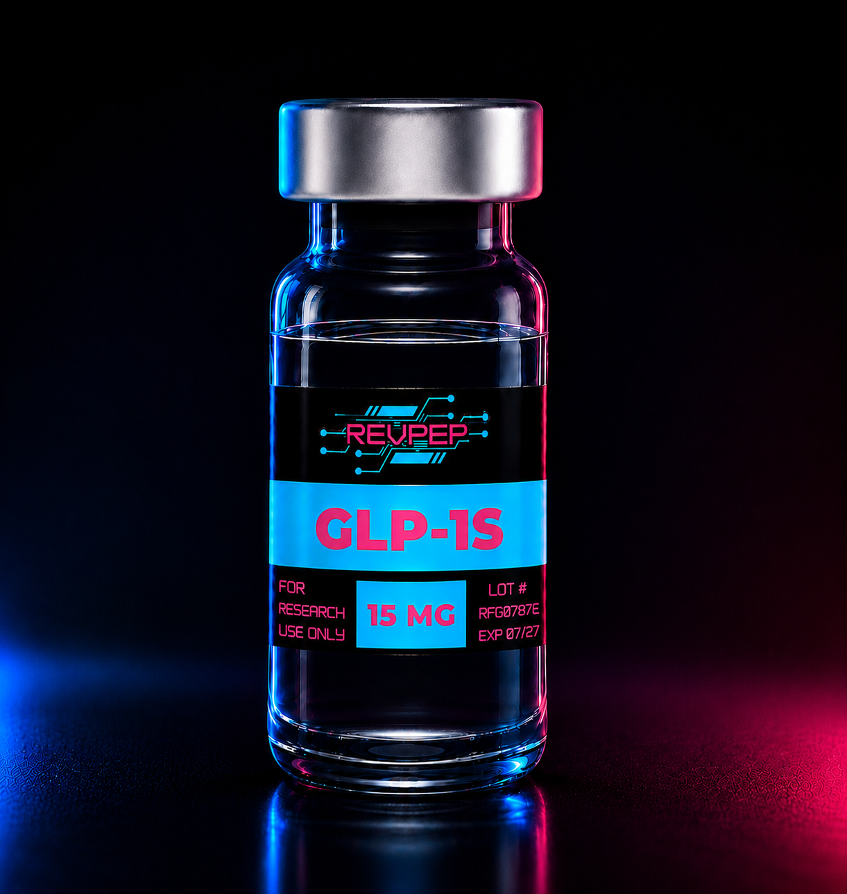 RevPep GLP-1S 15mg research peptide vial with a futuristic black, cyan, and magenta label, photographed in a professional studio with neon blue and pink lighting on a reflective surface.