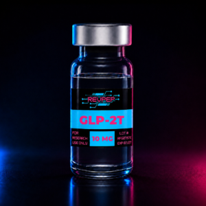 RevPep GLP-2T 10mg research peptide vial with a futuristic black, cyan, and magenta label, photographed in a professional studio with neon blue and pink lighting on a reflective surface.
