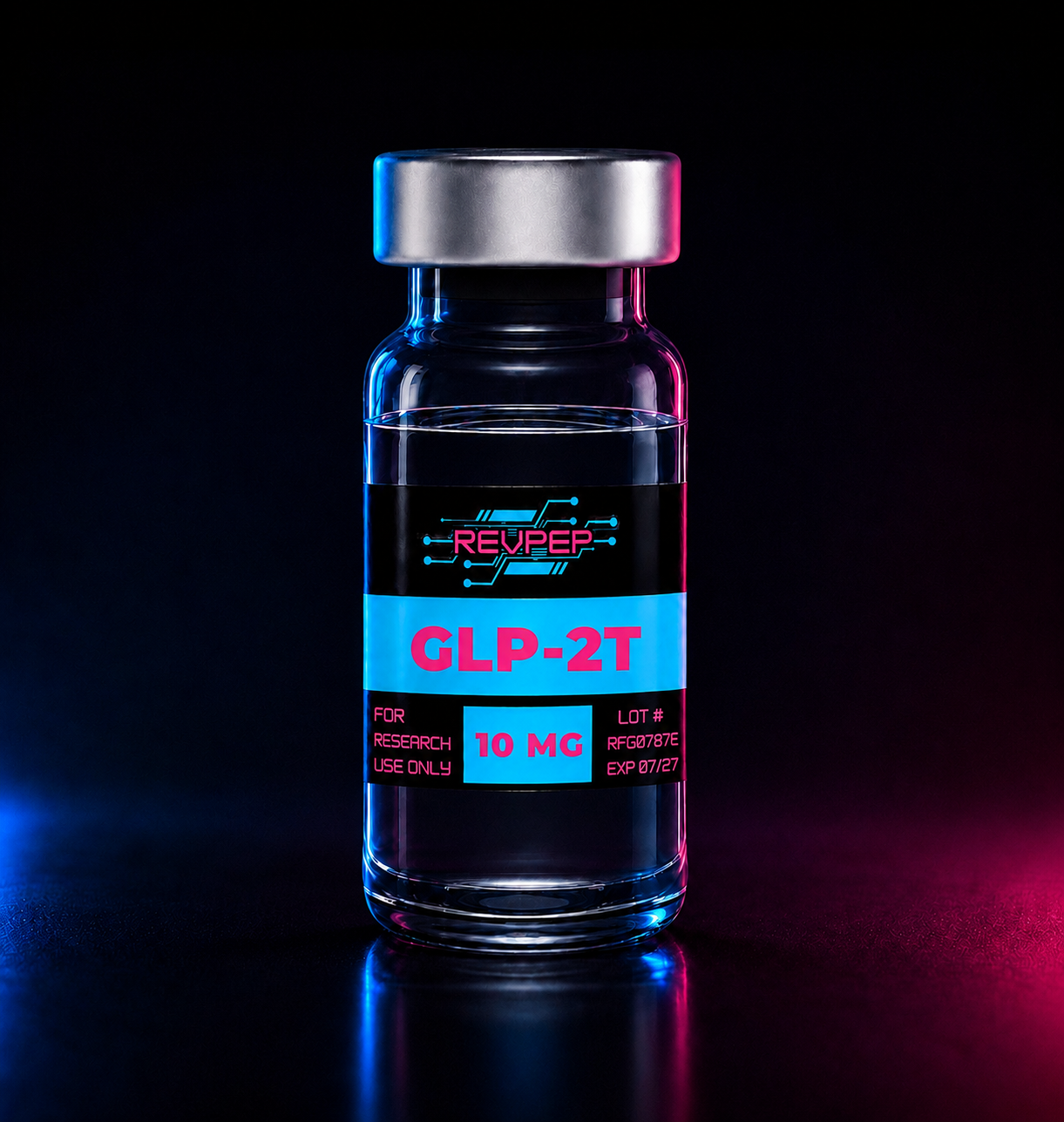 RevPep GLP-2T 10mg research peptide vial with a futuristic black, cyan, and magenta label, photographed in a professional studio with neon blue and pink lighting on a reflective surface.