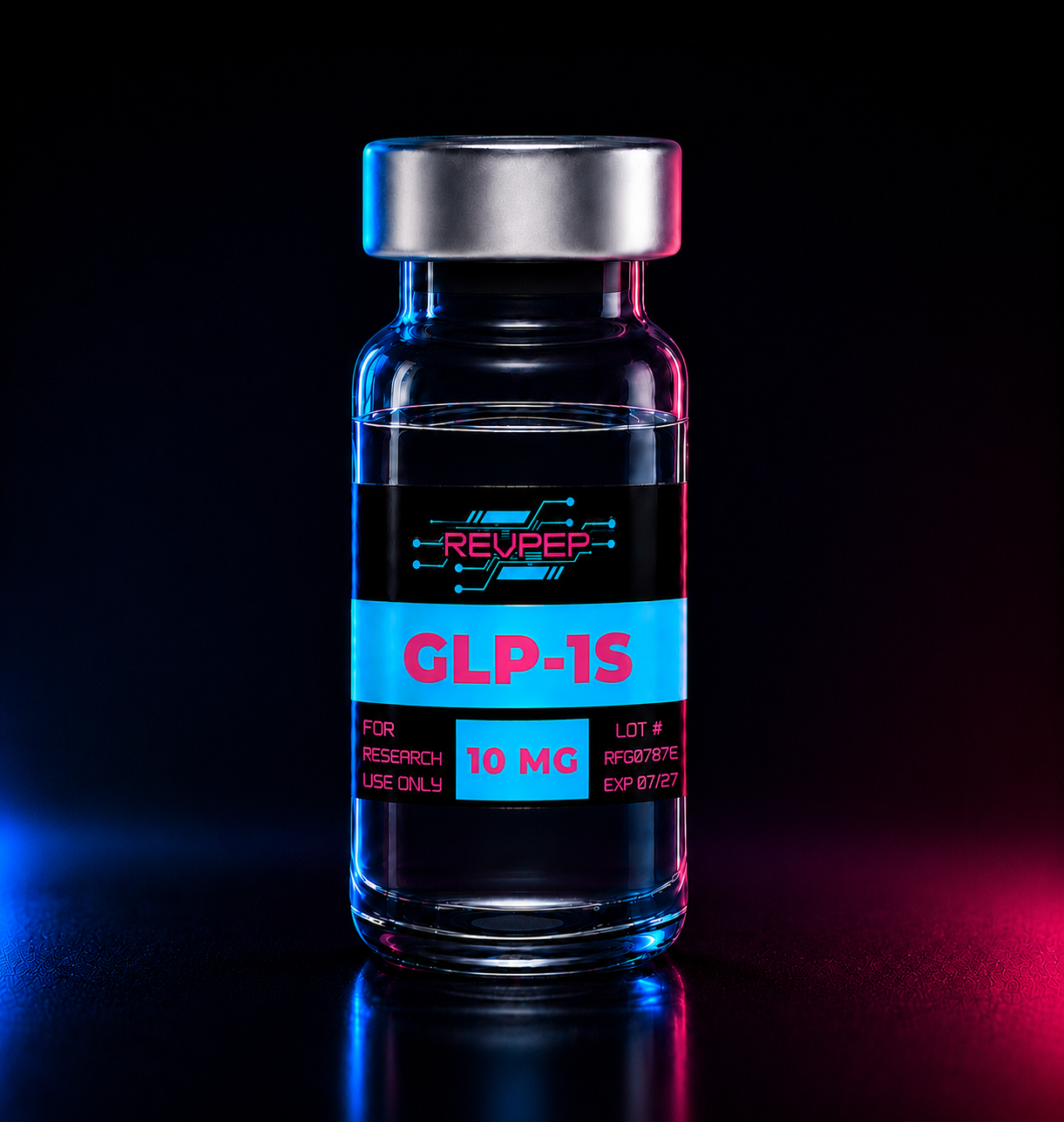 RevPep GLP-1S 10mg research peptide vial with a futuristic black, cyan, and magenta label, photographed in a professional studio with neon blue and pink lighting on a reflective surface.