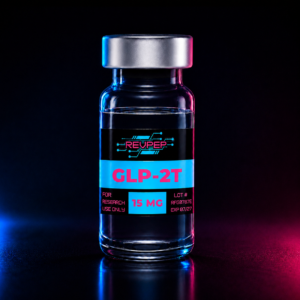 RevPep GLP-2T 15mg research peptide vial with a futuristic black, cyan, and magenta label, photographed in a professional studio with neon blue and pink lighting on a reflective surface.