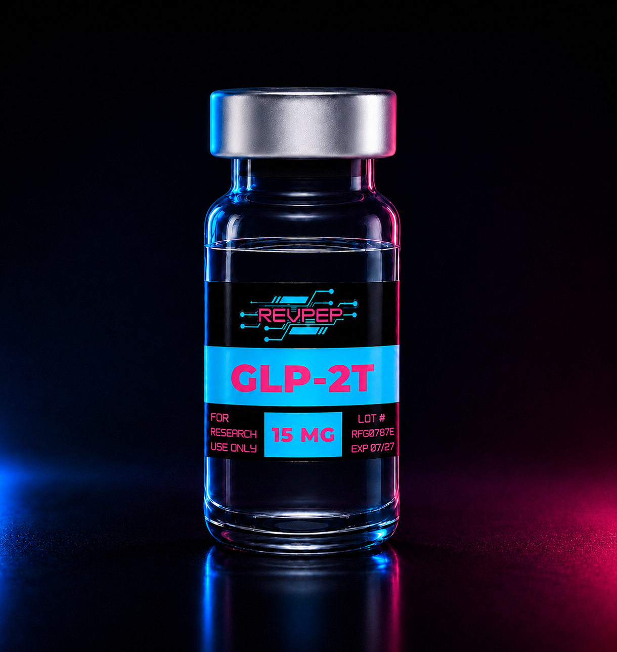 RevPep GLP-2T 15mg research peptide vial with a futuristic black, cyan, and magenta label, photographed in a professional studio with neon blue and pink lighting on a reflective surface.
