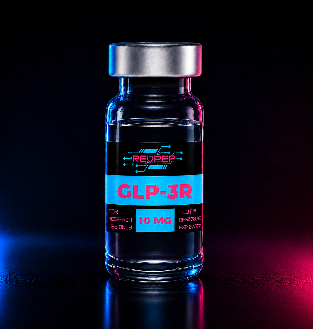 RevPep GLP-3R 10mg research peptide vial with a futuristic black, cyan, and magenta label, photographed in a professional studio with neon blue and pink lighting on a reflective surface.