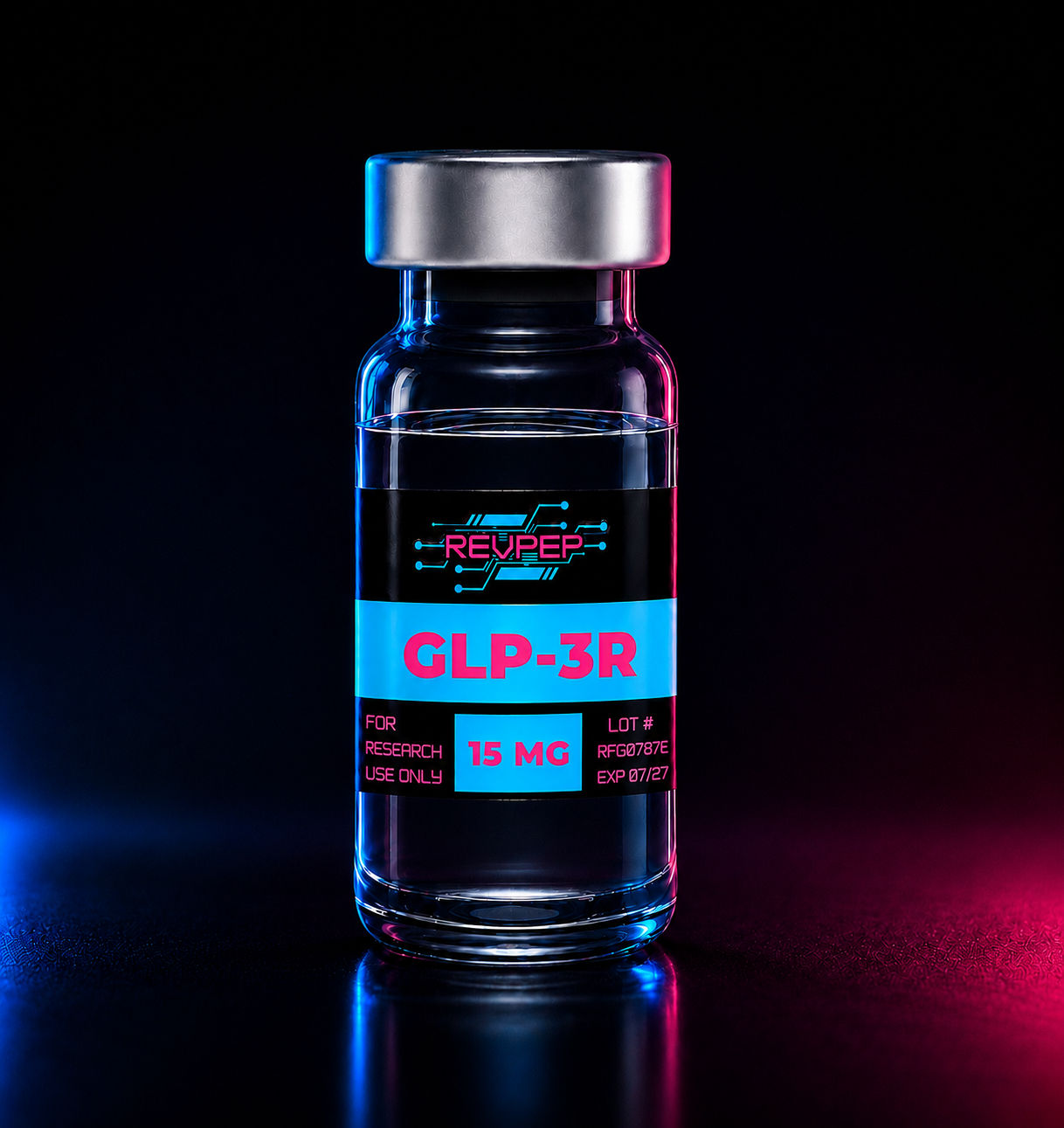 RevPep GLP-3R 15mg research peptide vial with a futuristic black, cyan, and magenta label, photographed in a professional studio with neon blue and pink lighting on a reflective surface.