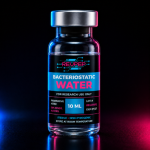 RevPep Bacteriostatic water 10ml research peptide vial with a futuristic black, cyan, and magenta label, photographed in a professional studio with neon blue and pink lighting on a reflective surface.