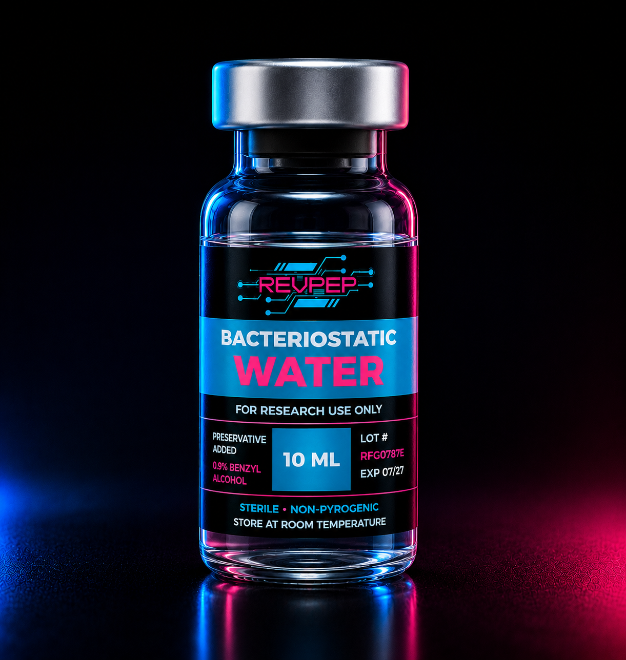RevPep Bacteriostatic water 10ml research peptide vial with a futuristic black, cyan, and magenta label, photographed in a professional studio with neon blue and pink lighting on a reflective surface.